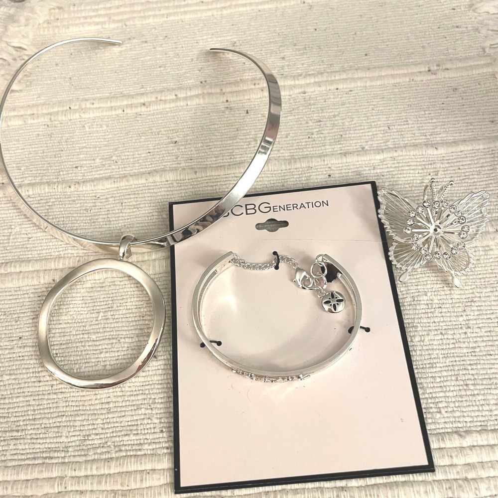 BCBG Bangle Bracelet Love Silver Tone Choker Charms Butterfly Pin New